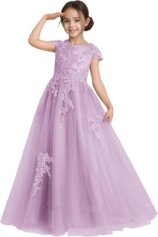 Flower Girl Dress for Wedding Lace Applique Tulle Cap Sleeves Crew Neck Satin A-Line Long Puffy Pageant Ball Gowns in Saudi Arabia