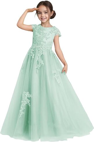 Flower Girl Dress for Wedding Lace Applique Tulle Cap Sleeves Crew Neck Satin A-Line Long Puffy Pageant Ball Gowns in Saudi Arabia