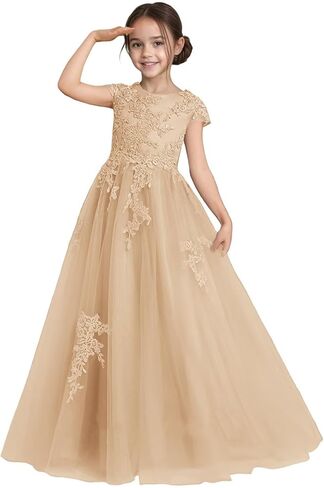 Flower Girl Dress for Wedding Lace Applique Tulle Cap Sleeves Crew Neck Satin A-Line Long Puffy Pageant Ball Gowns in Saudi Arabia