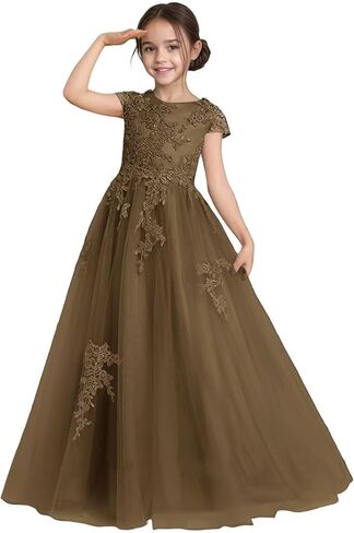 Flower Girl Dress for Wedding Lace Applique Tulle Cap Sleeves Crew Neck Satin A-Line Long Puffy Pageant Ball Gowns in Saudi Arabia