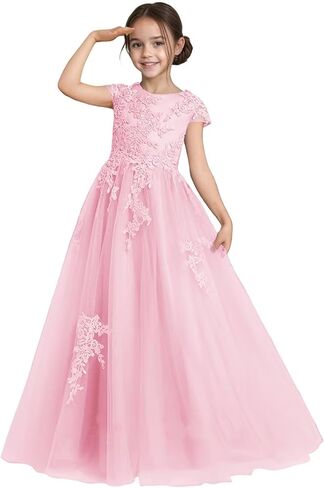Flower Girl Dress for Wedding Lace Applique Tulle Cap Sleeves Crew Neck Satin A-Line Long Puffy Pageant Ball Gowns in Saudi Arabia