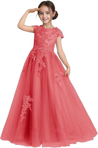 Flower Girl Dress for Wedding Lace Applique Tulle Cap Sleeves Crew Neck Satin A-Line Long Puffy Pageant Ball Gowns in Kuwait