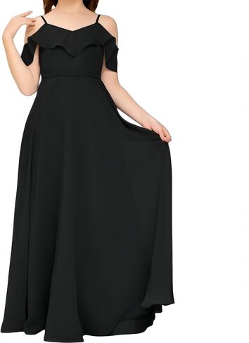 V Neck Junior Bridesmaid Dresses Long Off-Shoulder Chiffon Flower Girl Dress for Teen Girls Party Pageant Gowns in Kuwait
