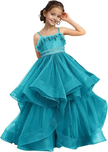 فستان فتاة الزهور مزين بالدانتيل لحفلات الزفاف بدون أكمام وحزام سباغيتي متدرج من التل على شكل حرف a طويل منتفخ فستاين سهرة/فساتين الحفلات in Kuwait