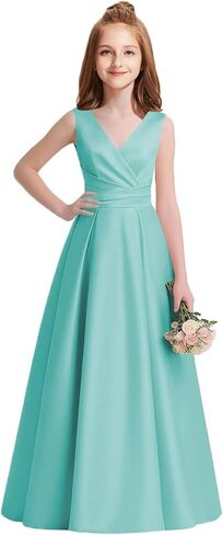 Junior Bridesmaid Dresses Satin V-Neck Flower Girl Dress Pleated Prom Dresses for Teen Girls Formal Dress with Bow A-Line in Kuwait