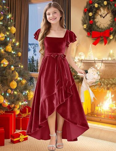 A-Line Holiday Dresses for Girls Velvet Toddler Girl Fall Dress Ruffle Sleeve Junior Bridesmaid Dresses for Wedding in Saudi Arabia