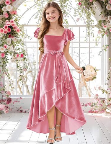 A-Line Holiday Dresses for Girls Velvet Toddler Girl Fall Dress Ruffle Sleeve Junior Bridesmaid Dresses for Wedding in Saudi Arabia