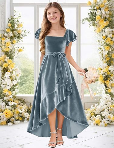A-Line Holiday Dresses for Girls Velvet Toddler Girl Fall Dress Ruffle Sleeve Junior Bridesmaid Dresses for Wedding in Saudi Arabia
