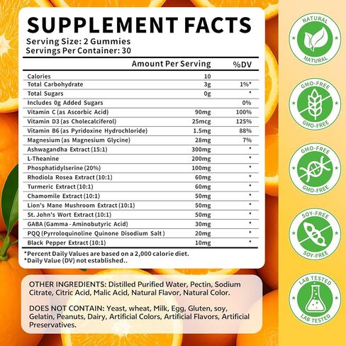 15-in-1 Cortisol Gummies, Cortisol Supplements with Magnesium Glycinate Ashwagandha Rhodiola Rose and L-theanine Complex for Relaxation, Zzz Support and Cortisol Levels, Orange Flavor, 60 Count in Saudi Arabia