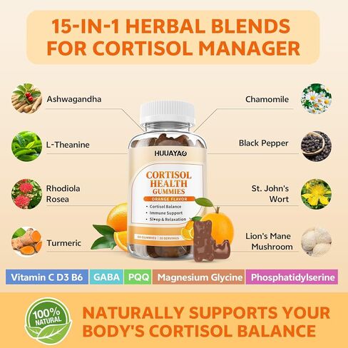 15-in-1 Cortisol Gummies, Cortisol Supplements with Magnesium Glycinate Ashwagandha Rhodiola Rose and L-theanine Complex for Relaxation, Zzz Support and Cortisol Levels, Orange Flavor, 60 Count in Saudi Arabia