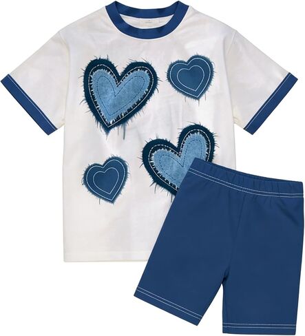 Girls 2 Piece Outfit Teen Girls Heart Print Crewneck T-Shirt & Shorts Set Casual Summer Clothing for 13-16Y in Saudi Arabia