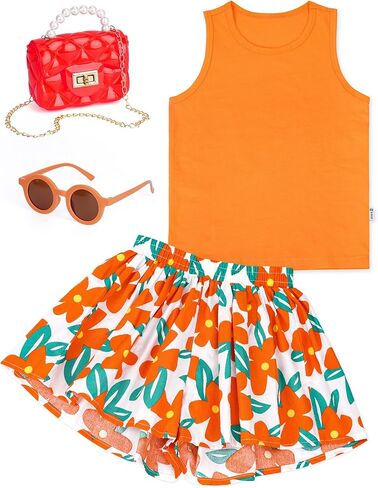 ملابس الفتيات ملابس الصيف للفتيات الصغيرات مجموعة ملابس 4 قطع للأطفال الصغار تانك توب وسروال قصير مقاس 2T-8Y in Kuwait