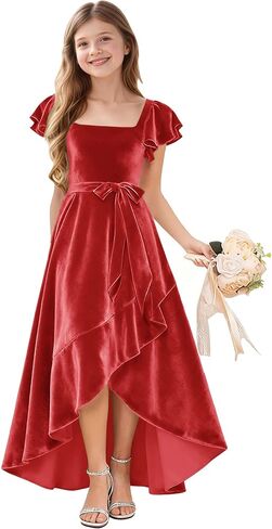 A-Line Holiday Dresses for Girls Velvet Toddler Girl Fall Dress Ruffle Sleeve Junior Bridesmaid Dresses for Wedding in Saudi Arabia