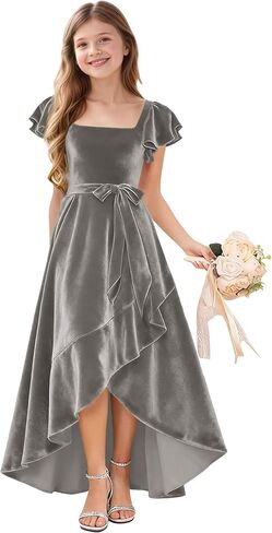 A-Line Holiday Dresses for Girls Velvet Toddler Girl Fall Dress Ruffle Sleeve Junior Bridesmaid Dresses for Wedding in Saudi Arabia