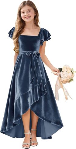 A-Line Holiday Dresses for Girls Velvet Toddler Girl Fall Dress Ruffle Sleeve Junior Bridesmaid Dresses for Wedding in Saudi Arabia