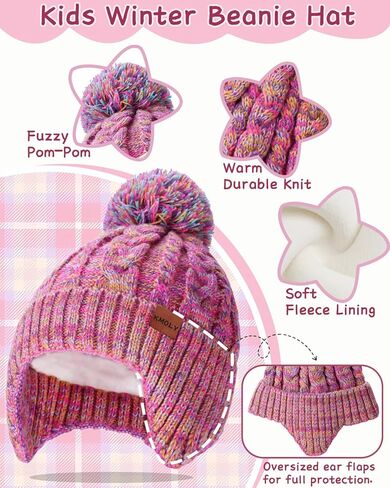 Kids Winter Hat Gloves Scarf Set,Beanie with Pom Earflaps Neck Gaiter Fleece Lined Touchscreen Gloves for Girls Boys 3-10Y in Saudi Arabia