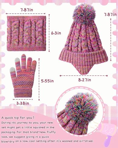 Kids Winter Hat Gloves Scarf Set,Beanie with Pom Earflaps Neck Gaiter Fleece Lined Touchscreen Gloves for Girls Boys 3-10Y in Saudi Arabia