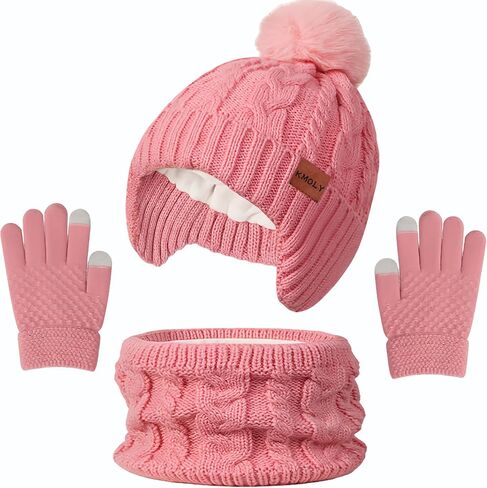 Kids Winter Hat Gloves Scarf Set,Beanie with Pom Earflaps Neck Gaiter Fleece Lined Touchscreen Gloves for Girls Boys 3-10Y in Saudi Arabia