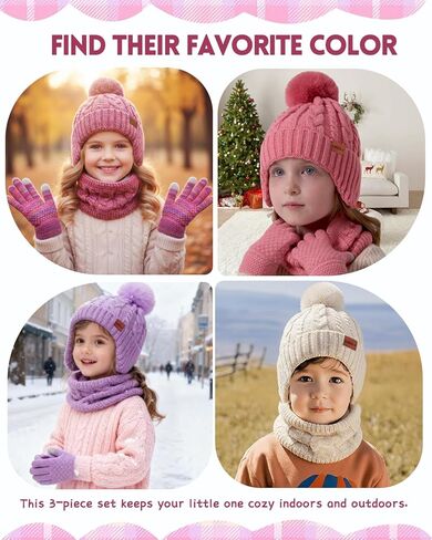 Kids Winter Hat Gloves Scarf Set,Beanie with Pom Earflaps Neck Gaiter Fleece Lined Touchscreen Gloves for Girls Boys 3-10Y in Saudi Arabia