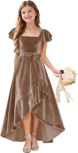 A-Line Holiday Dresses for Girls Velvet Toddler Girl Fall Dress Ruffle Sleeve Junior Bridesmaid Dresses for Wedding in Saudi Arabia
