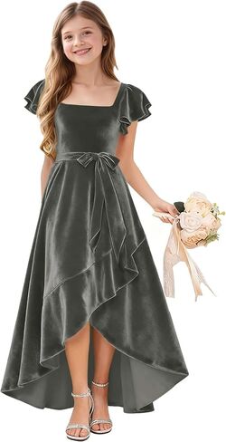 A-Line Holiday Dresses for Girls Velvet Toddler Girl Fall Dress Ruffle Sleeve Junior Bridesmaid Dresses for Wedding in Saudi Arabia
