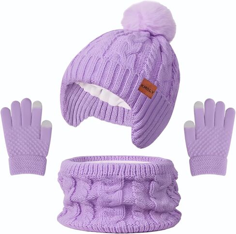 Kids Winter Hat Gloves Scarf Set,Beanie with Pom Earflaps Neck Gaiter Fleece Lined Touchscreen Gloves for Girls Boys 3-10Y in Saudi Arabia
