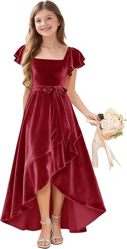 A-Line Holiday Dresses for Girls Velvet Toddler Girl Fall Dress Ruffle Sleeve Junior Bridesmaid Dresses for Wedding in Saudi Arabia