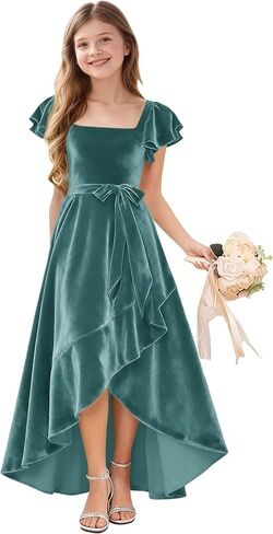 A-Line Holiday Dresses for Girls Velvet Toddler Girl Fall Dress Ruffle Sleeve Junior Bridesmaid Dresses for Wedding in Saudi Arabia