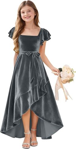 A-Line Holiday Dresses for Girls Velvet Toddler Girl Fall Dress Ruffle Sleeve Junior Bridesmaid Dresses for Wedding in Saudi Arabia