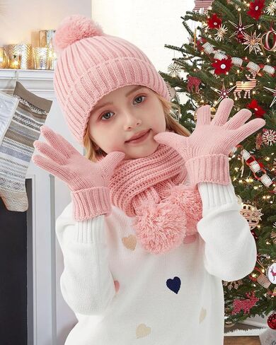 Kids Winter Hat Scarf Gloves Set - Girls Boys Fleece Lined Beanie Hat with Pom Knit Scarf Warm Mittens for Children in Saudi Arabia