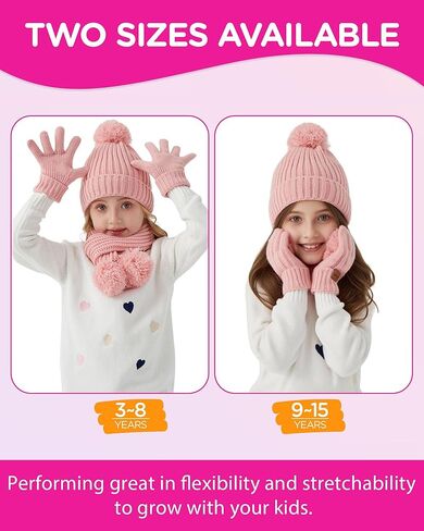 Kids Winter Hat Scarf Gloves Set - Girls Boys Fleece Lined Beanie Hat with Pom Knit Scarf Warm Mittens for Children in Saudi Arabia