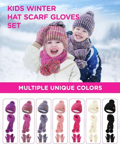 Kids Winter Hat Scarf Gloves Set - Girls Boys Fleece Lined Beanie Hat with Pom Knit Scarf Warm Mittens for Children in Saudi Arabia