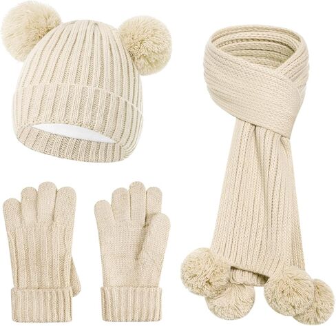 Kids Winter Hat Scarf Gloves Set, Girls Toddler Children's Beanie with PomPom Knit Hats Scarves Mittens for Christmas 2-15Y in Kuwait