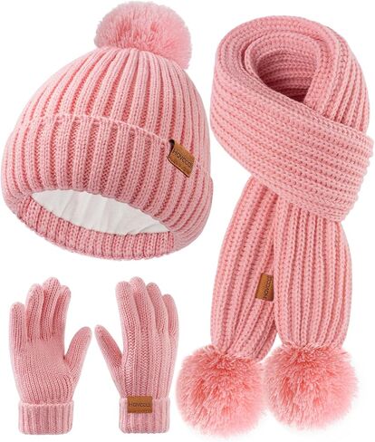 Kids Winter Hat Scarf Gloves Set - Girls Boys Fleece Lined Beanie Hat with Pom Knit Scarf Warm Mittens for Children in Saudi Arabia