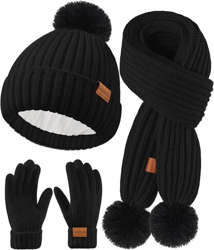 Kids Winter Hat Scarf Gloves Set - Girls Boys Fleece Lined Beanie Hat with Pom Knit Scarf Warm Mittens for Children in Saudi Arabia
