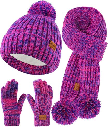Kids Winter Hat Scarf Gloves Set - Girls Boys Fleece Lined Beanie Hat with Pom Knit Scarf Warm Mittens for Children in Saudi Arabia