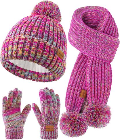Kids Winter Hat Scarf Gloves Set - Girls Boys Fleece Lined Beanie Hat with Pom Knit Scarf Warm Mittens for Children in Saudi Arabia