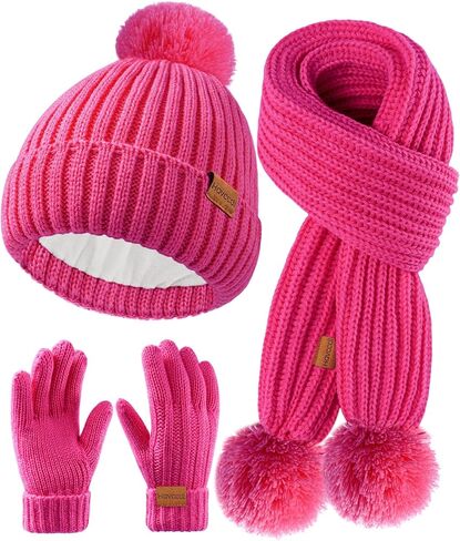 Kids Winter Hat Scarf Gloves Set - Girls Boys Fleece Lined Beanie Hat with Pom Knit Scarf Warm Mittens for Children in Saudi Arabia