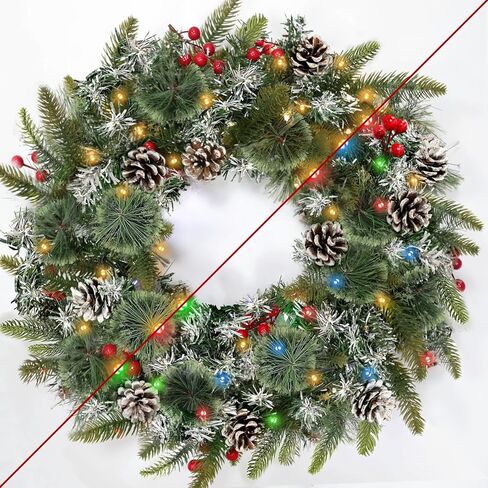 Dual Color Change & 8 Modes - 20'' Christmas Wreaths for Front Door, Pre-Lit Christmas Door Wreath Timer 50 Warm White & Multicolored Lights 12 Snowy Pine Cones 12 Red Berried Xmas Indoor Home Decor in Saudi Arabia