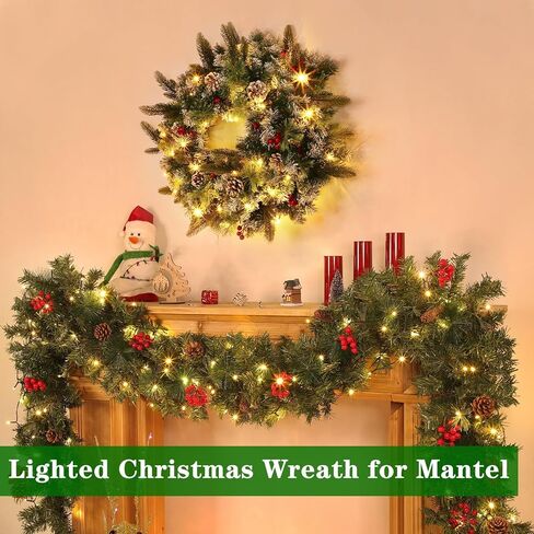 Dual Color Change & 8 Modes - 20'' Christmas Wreaths for Front Door, Pre-Lit Christmas Door Wreath Timer 50 Warm White & Multicolored Lights 12 Snowy Pine Cones 12 Red Berried Xmas Indoor Home Decor in Saudi Arabia
