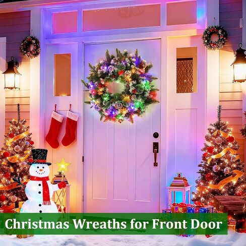 Dual Color Change & 8 Modes - 20'' Christmas Wreaths for Front Door, Pre-Lit Christmas Door Wreath Timer 50 Warm White & Multicolored Lights 12 Snowy Pine Cones 12 Red Berried Xmas Indoor Home Decor in Saudi Arabia