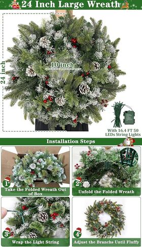 Dual Color Change & 8 Modes - 20'' Christmas Wreaths for Front Door, Pre-Lit Christmas Door Wreath Timer 50 Warm White & Multicolored Lights 12 Snowy Pine Cones 12 Red Berried Xmas Indoor Home Decor in Saudi Arabia
