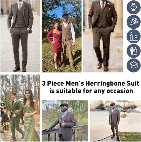 Retro Tweed Herringbone Suit for Men Slim Fit 3 Pieces Mens Suit Groom Dress Tuxedos Prom Suit Jacket Vest Pants in Saudi Arabia