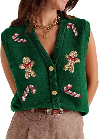 Women Christmas Knit Vest Button Down V Neck Sweater Vest Sequin Embroidered Sleeveless Cardigan Xmas Clothes in Saudi Arabia