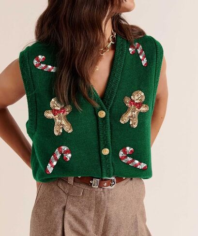 Women Christmas Knit Vest Button Down V Neck Sweater Vest Sequin Embroidered Sleeveless Cardigan Xmas Clothes in Saudi Arabia