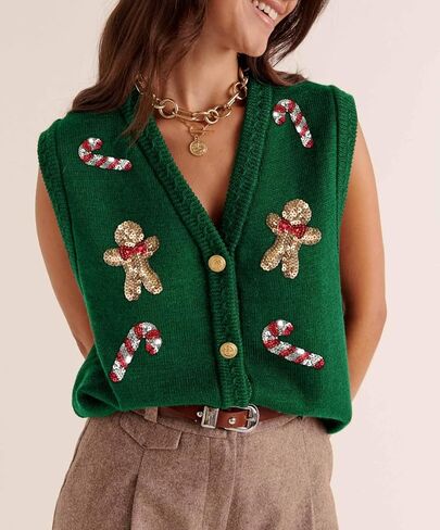 Women Christmas Knit Vest Button Down V Neck Sweater Vest Sequin Embroidered Sleeveless Cardigan Xmas Clothes in Saudi Arabia