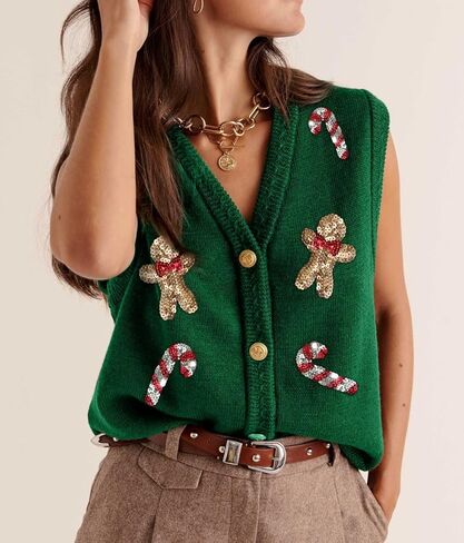 Women Christmas Knit Vest Button Down V Neck Sweater Vest Sequin Embroidered Sleeveless Cardigan Xmas Clothes in Saudi Arabia