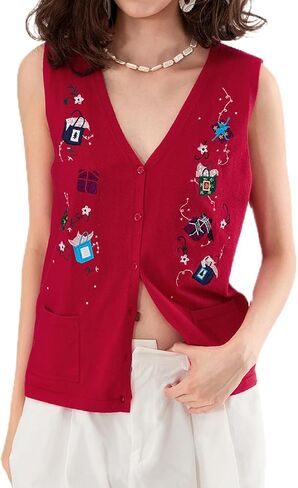 Women Christmas Knit Vest Button Down V Neck Sweater Vest Sequin Embroidered Sleeveless Cardigan Xmas Clothes in Saudi Arabia