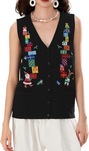 Women Christmas Knit Vest Button Down V Neck Sweater Vest Sequin Embroidered Sleeveless Cardigan Xmas Clothes in Saudi Arabia