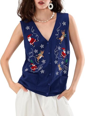 Women Christmas Knit Vest Button Down V Neck Sweater Vest Sequin Embroidered Sleeveless Cardigan Xmas Clothes in Saudi Arabia